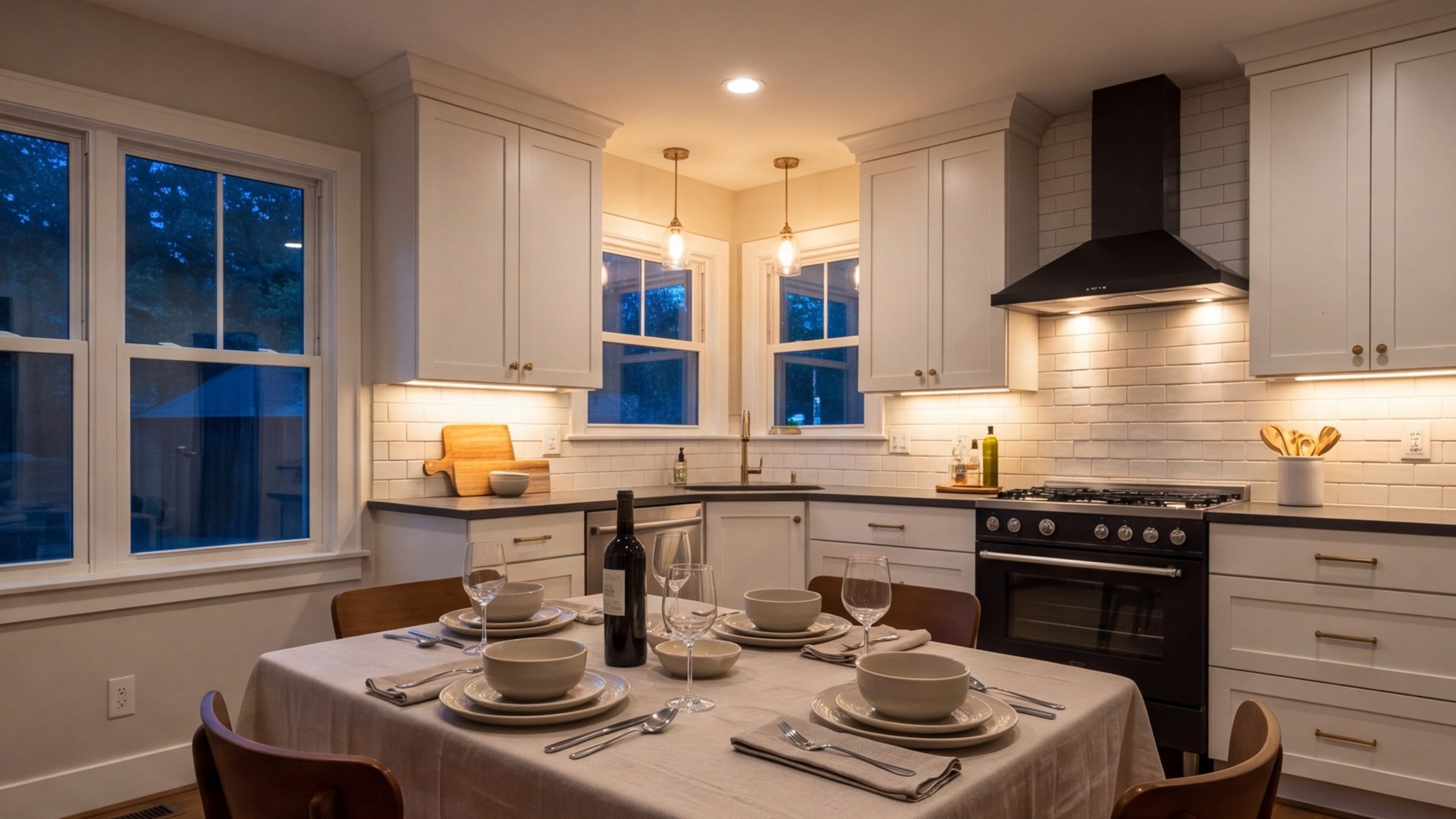 Finished kitchen in the evening with the table set for dinner