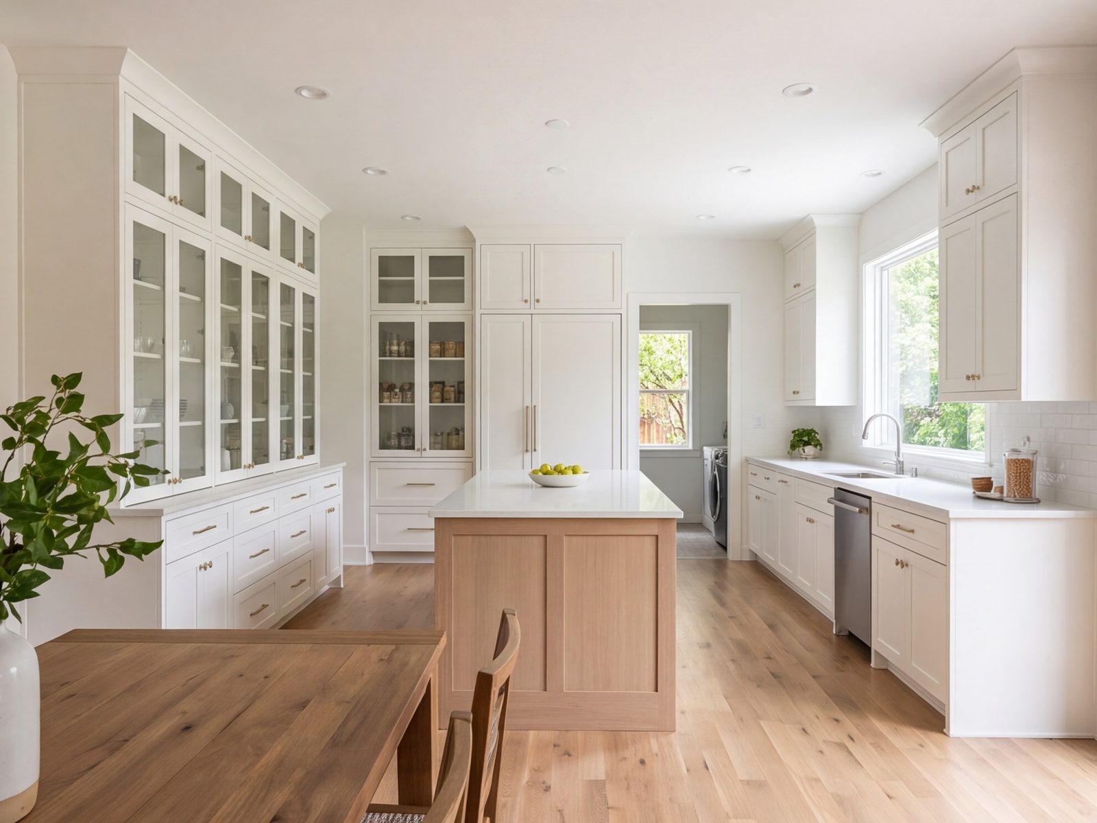 Bright kitchen with a pantry wall and island, seen from the dining room