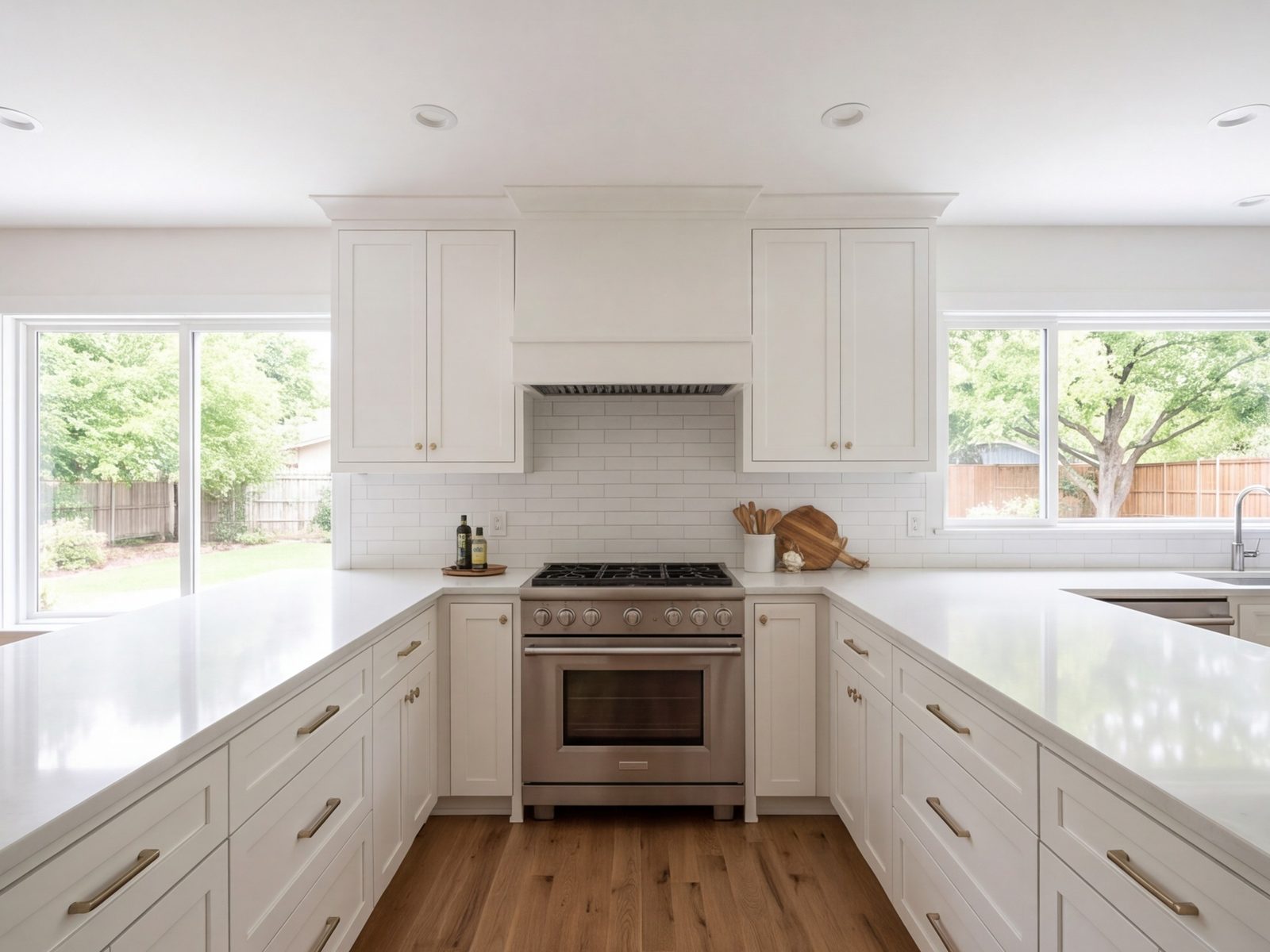 Kitchen with the range and hood centered and clear counter on both sides