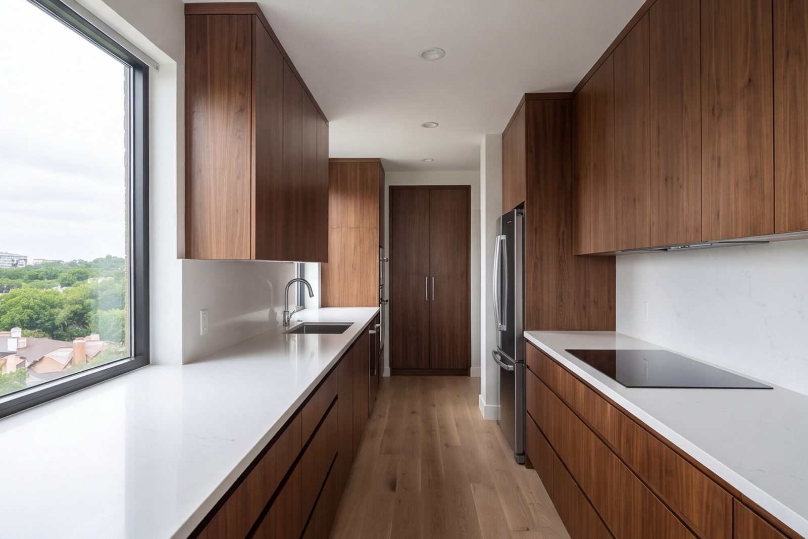 Narrow Oak Lawn condo kitchen with a long counter, tall storage and a ventilated cooktop