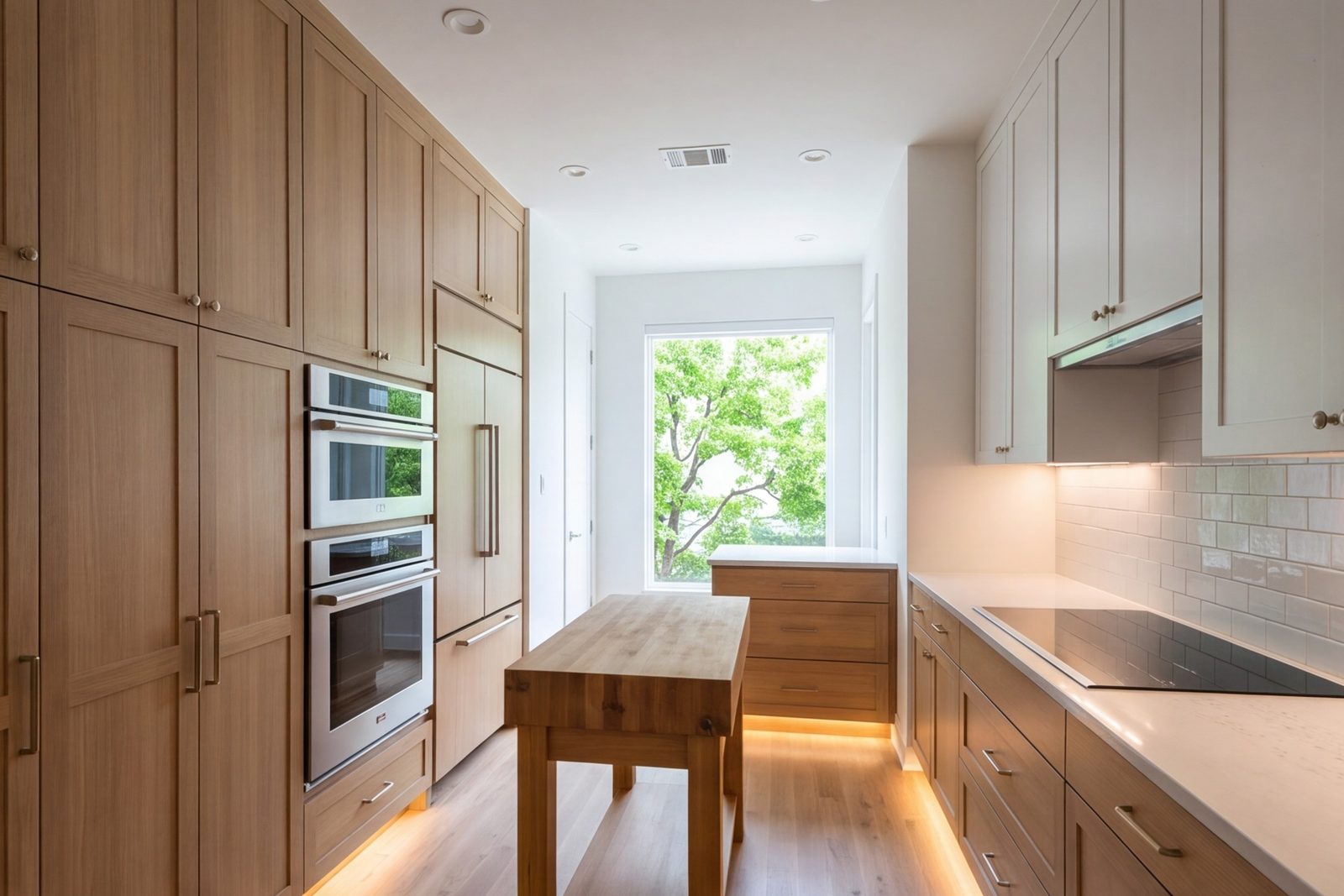 Las Colinas townhome kitchen with a pantry wall, double wall ovens and under-cabinet light
