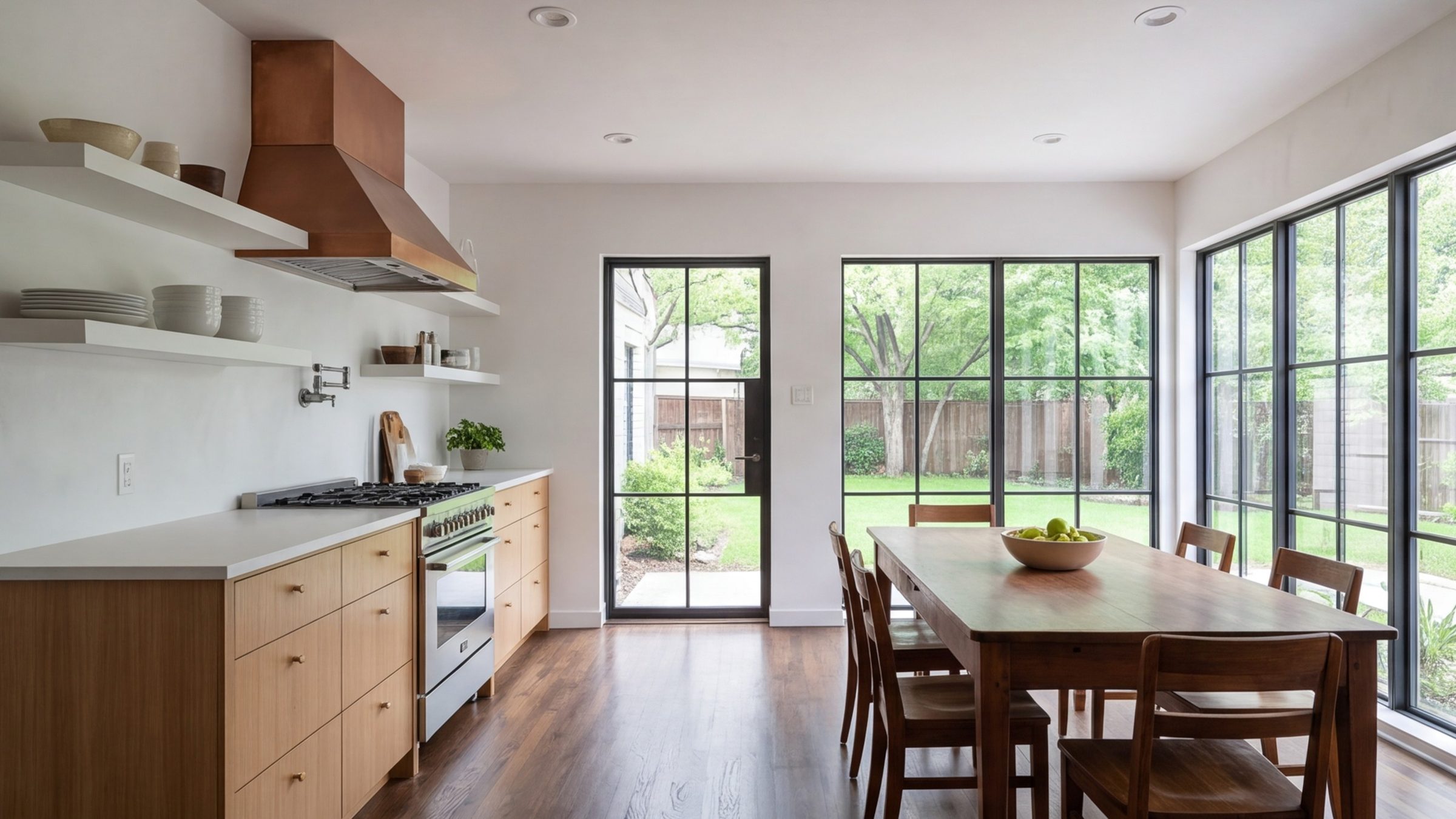 Remodeled 1950s cottage kitchen opened to the dining room with a range wall and hood