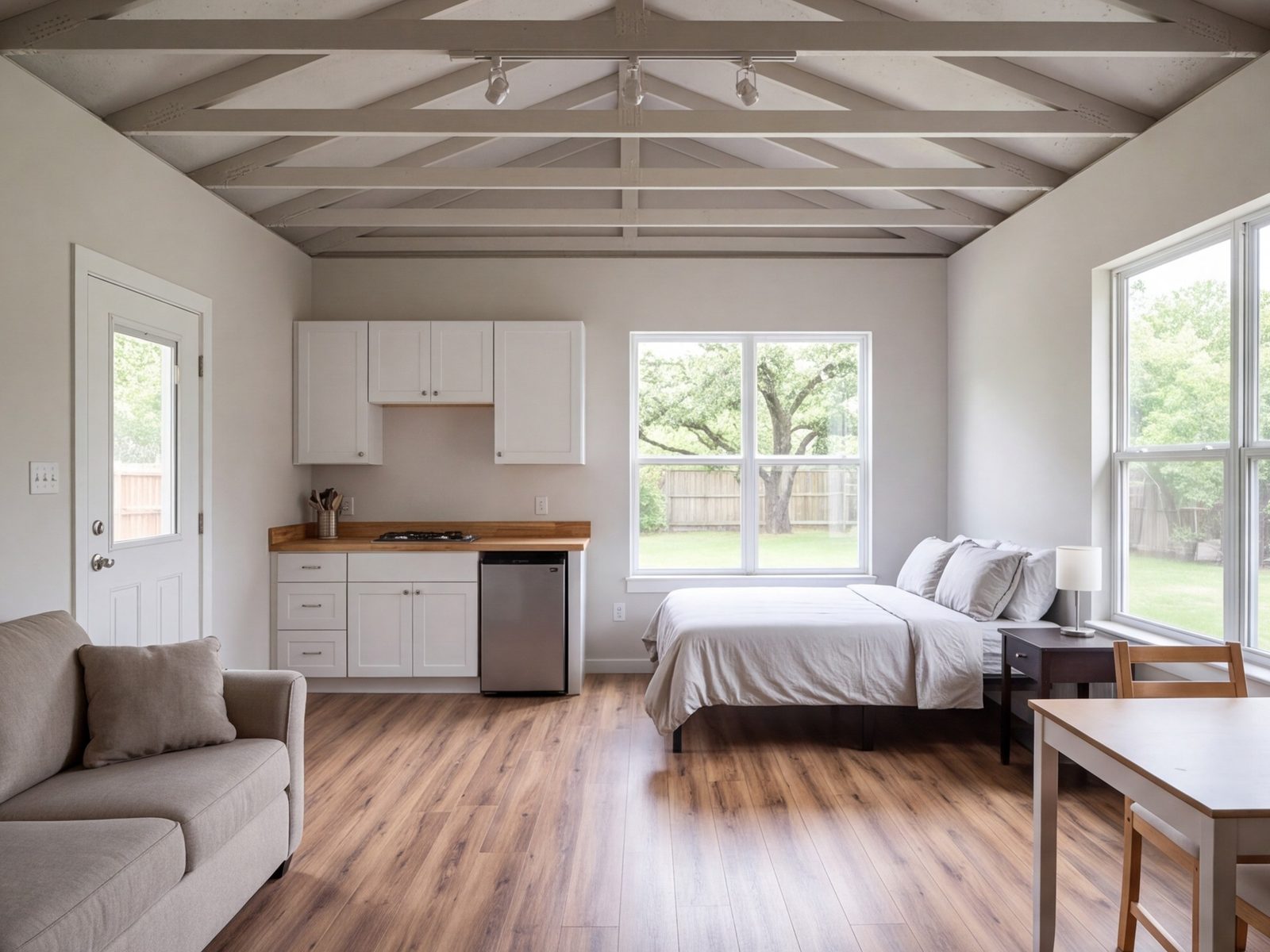 Garage apartment with its own small kitchen, bed and daylight
