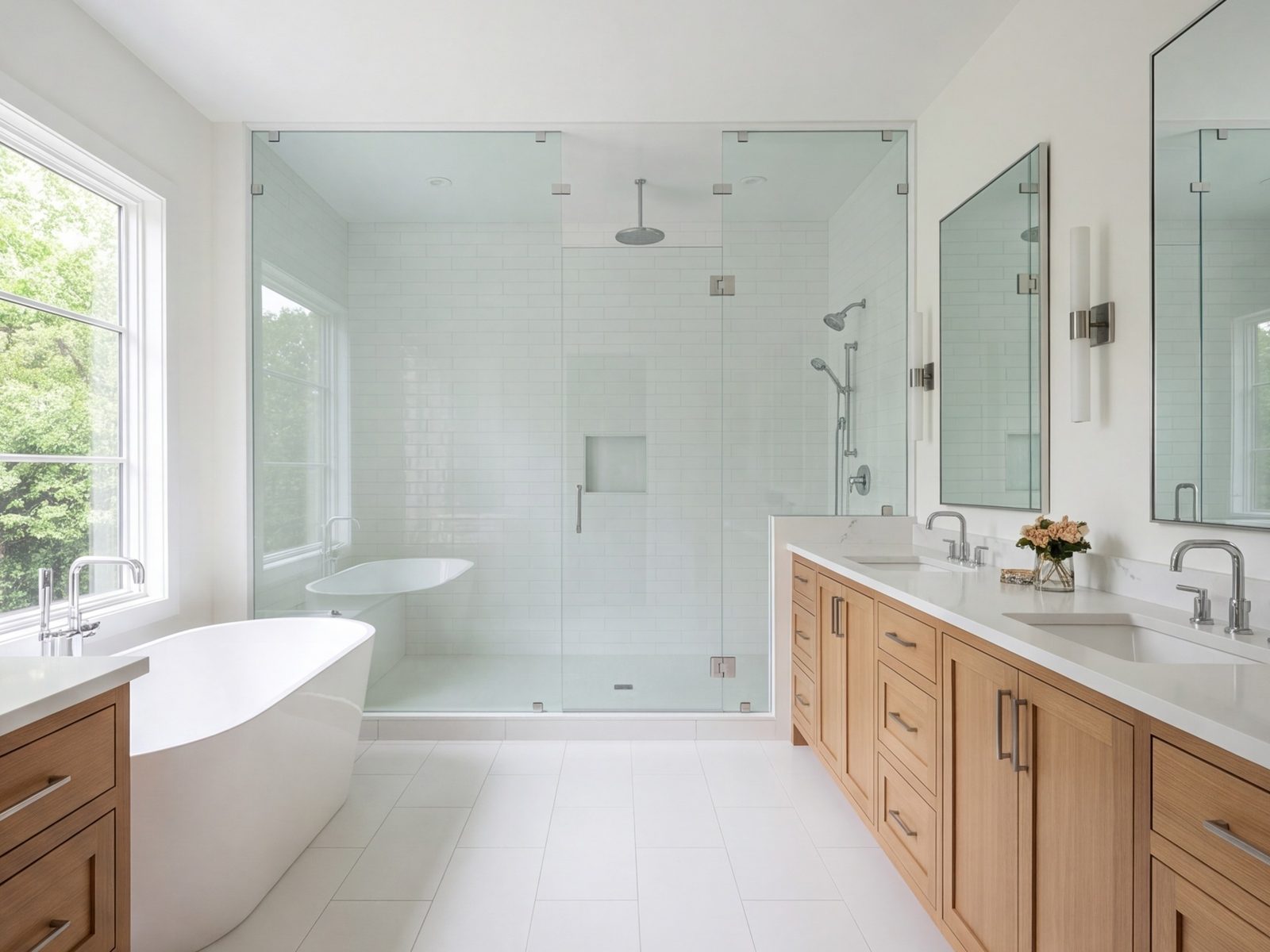 Primary bathroom with a walk-in glass shower, double vanity and wood-tone cabinets