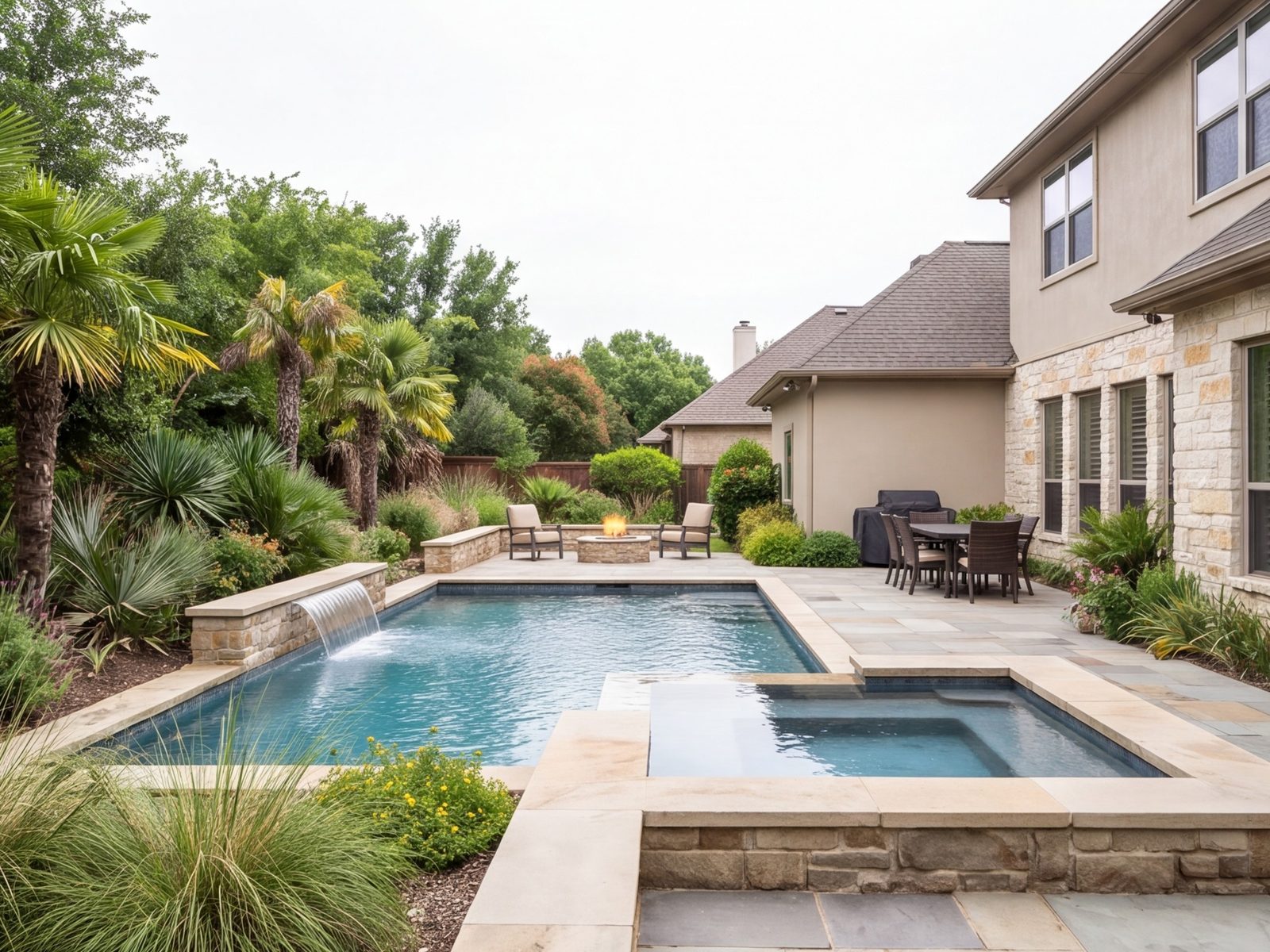 Back yard with a stone patio, pool deck and planting, house in view