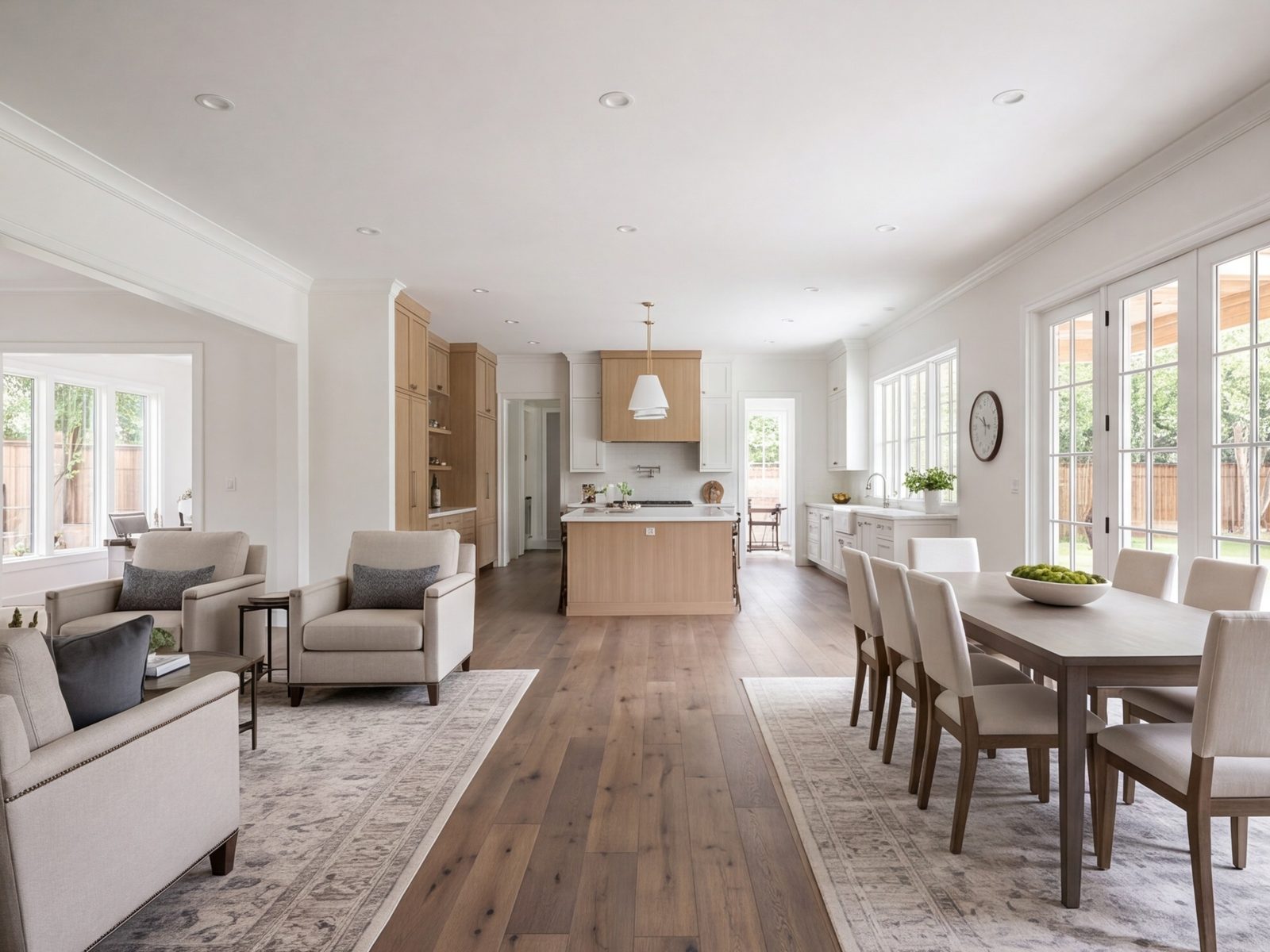 Open living room, dining area and kitchen in one bright remodeled house